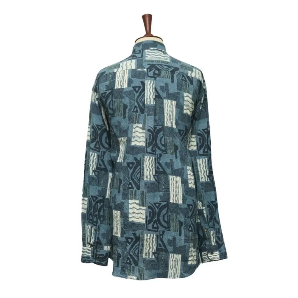 Mens Shirt Button Up Blue White Abstract Navajo Aztec Ethnic Tribal Casual XL - Picture 2 of 6